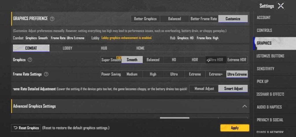 BGMI Graphics Settings for Lag